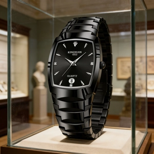 Macro view of a rectangular black quartz watch with luminous dial in a premium glass case