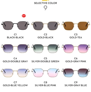 Detailed grid showing nine stylish metal frame sunglasses in various gradient lens colors