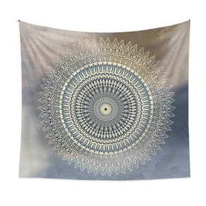 Bohemian mandala tapestry with blue and yellow geometric patterns for wall decor
