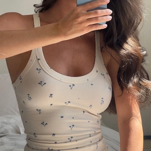 Women's rib-knit floral tank top in cream with delicate blue print on casual loungewear