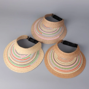 Three colors of raffia sun visors with colorful striped ribbons and elastic bands