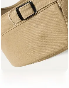 Close-up of khaki canvas strap with black metal rectangular buckle and reinforced stitching