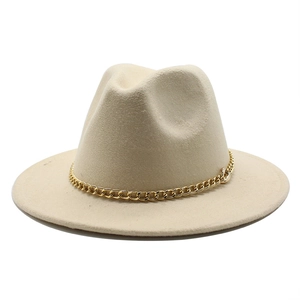 Classic cream wide brim wool fedora hat for men and women with gold chain decoration