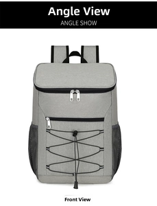 Front view of grey insulated picnic backpack with reflective zippers and elastic cords