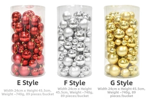 89-piece Christmas ball ornament sets in gold, red, and silver cylindrical packaging