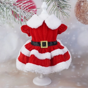 Abito natalizio festivo per cani in pile rosso con bordo in peluche bianco e fibbia dorata