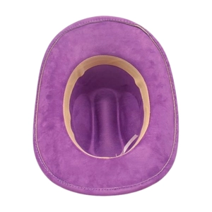 Internal view of purple western cowboy hat featuring sweatband and care label details
