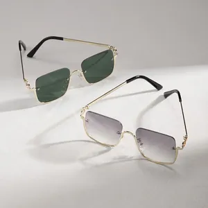 Retro rectangle semi-rimless sunglasses with metal temples and grey gradient lenses