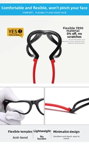 Detail of flexible TR90 kids sunglasses frame showing high durability and red-black finish