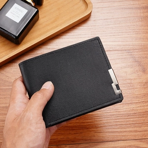 Slim black lychee texture bifold leather wallet for men with silver metal accent