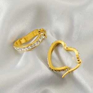 18k gold plated stainless steel heart hoop earrings with sparkling rhinestones on silk