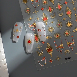 Golden sun and star embossed nail art stickers with red gemstone relief design Co-427