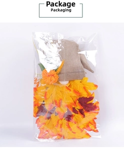 Detail of autumn gnome decoration with vibrant maple leaf beard in clear packaging