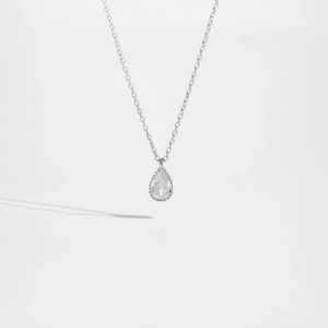 Elegant S925 sterling silver long chain necklace with a pear-shaped white stone pendant