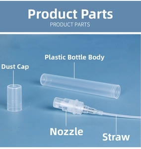 Disassembled 2ml-5ml plastic perfume spray bottle parts showing cap, pump and tube