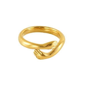 18k gold plated stainless steel open ring featuring a unique hugging hands design