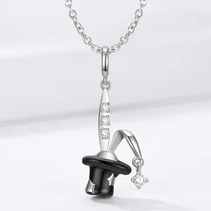Whimsical Magic Hat Rabbit Ear Pendant Necklace 925 Sterling Silver With Cubic Zirconia For Women Cute Fantasy Jewelry
