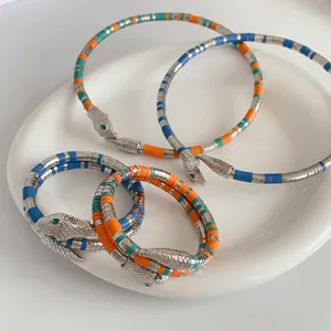 Snake Shape Necklace And Bracelet Jewelry Alloy Rhinestone Colorful Beads Vintage Luxury Design For Women