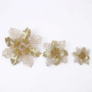 Ensemble de 3 fleurs de poinsettia artificielles dorées pailletées pour sapin de Noël