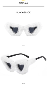 Front and 45-degree side views of unique white faux fur heart-shaped sunglasses