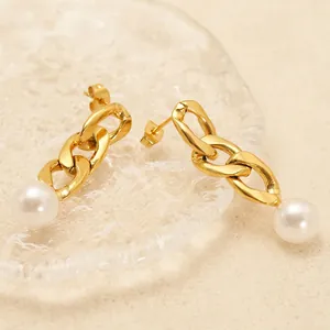 Boucles d'oreilles en acier inoxydable plaqué or 18K avec chaîne cubaine et perles