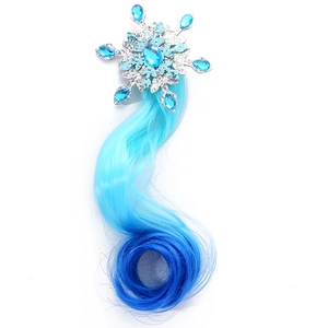 Detail of blue gemstone snowflake hair clip with a gradient blue wig hairpiece extension