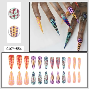 Colorful stiletto press-on nails set with animal prints, dots, and gradient patterns