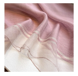 Detail of pink silk wool shawl showing delicate woven texture and sheer striped edges