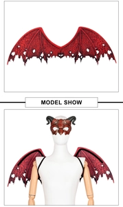 Detail of red demon wings and horned mask set for Halloween cosplay with straps
