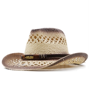 Vintage western cowboy straw hat with gradient finish and beaded feather band