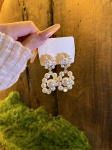 Detail of vintage palace style earrings with multiple white pearls and shiny rhinestones