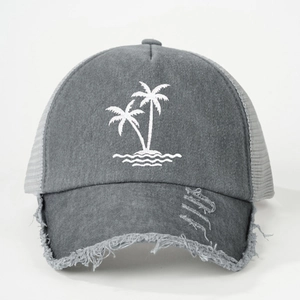 Distressed grey trucker hat featuring white palm tree embroidery and frayed vintage brim details