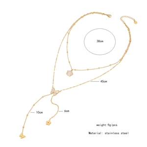 Detailed technical diagram of double-layer stainless steel butterfly clover necklace with measurements