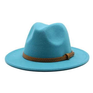 Detail of lake blue wool fedora hat featuring a brown snakeskin leather belt with metal buckle