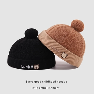 Children's warm winter sherpa beanies with Lucky bear embroidery in black and brown