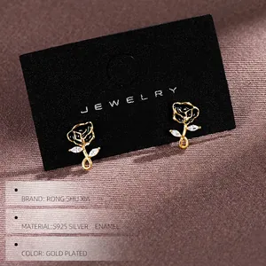 French vintage black rose stud earrings in S925 silver with gold plating and zircons