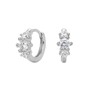 Elegant S925 sterling silver hoop earrings with triple vertical zircon stones on white base