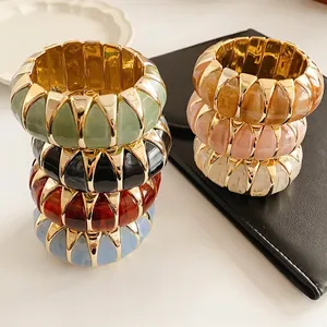 Vintage elastic wide bangle set with colorful resin stones and gold metal frame