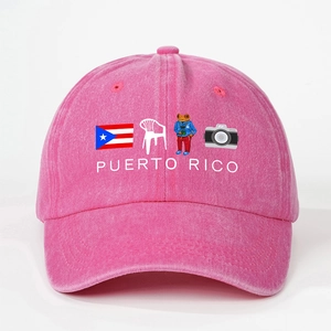 Pink washed denim baseball cap with Puerto Rico print and adjustable vintage strap