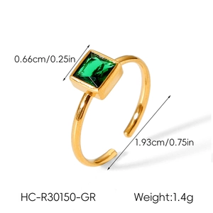 Detailed dimensions of the gold open ring featuring a square green zircon gemstone