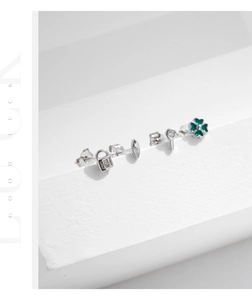 Macro view of 925 silver earring set with lucky clover and key lock designs