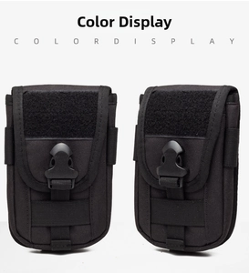Detailed view of black tactical belt pouch with molle system and buckle closure
