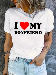 Women's white short sleeve t-shirt with I Love My Boyfriend print and red heart