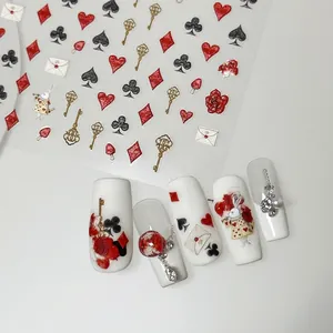 Adesivi per unghie in rilievo 3D con conigli retrò, rose vintage e motivi di carte