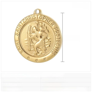 Detail showing a 25mm Saint Christopher gold pendant in stainless steel with dimensions