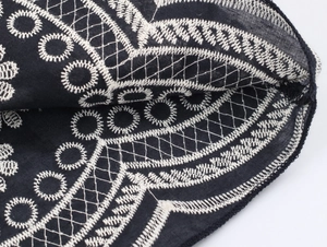 Close-up of white embroidery on black fabric showing detailed stitch patterns and texture