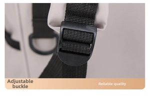 Detail of durable nylon shoulder strap with adjustable black plastic buckle for diaper bag