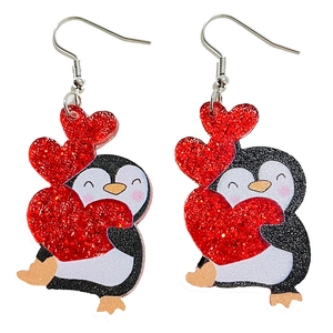 Cute penguin drop earrings with red glitter hearts for Valentine gift ideas