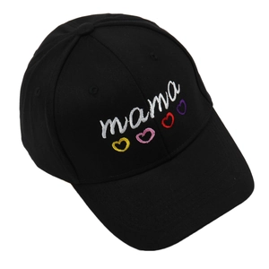 Close-up of Mama embroidery and colorful hearts on a black cotton baseball cap