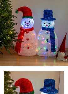 Detail of festive LED light-up snowman and gnome ornaments with sequin mesh texture